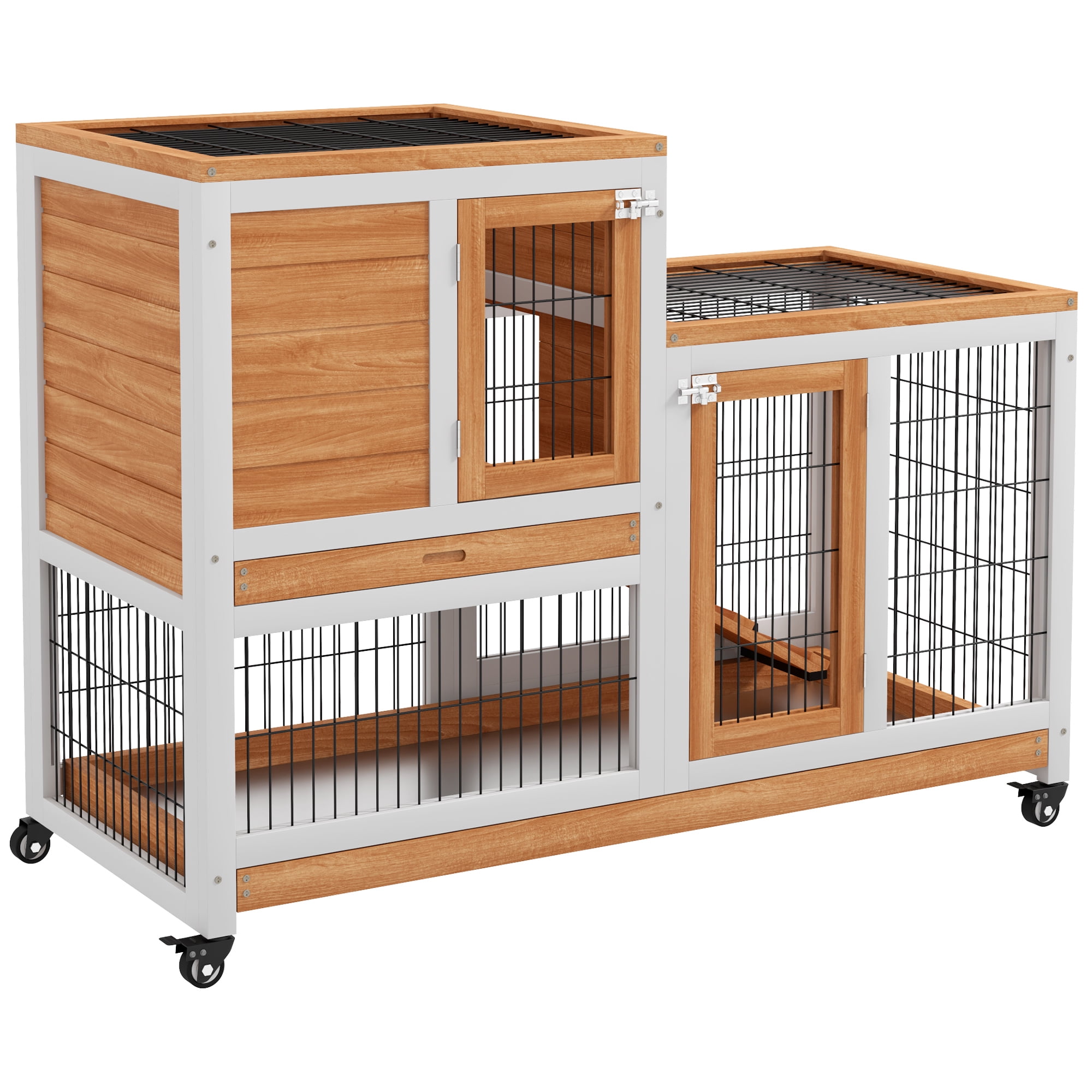 PawHut Rabbit Hutch, Indoor Bunny Cage with Wheels, Run, Tray, Yellow