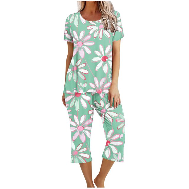 Offres des Fêtes Iumwxz Pyjamas Doux Tendance Ensembles Assortis Tenues de Voyage pour Femmes Imprimé Floral Col Rond Manches Courtes Taille Élastique Pantalon Court Ensembles 2 Pcs pour Femmes Rue