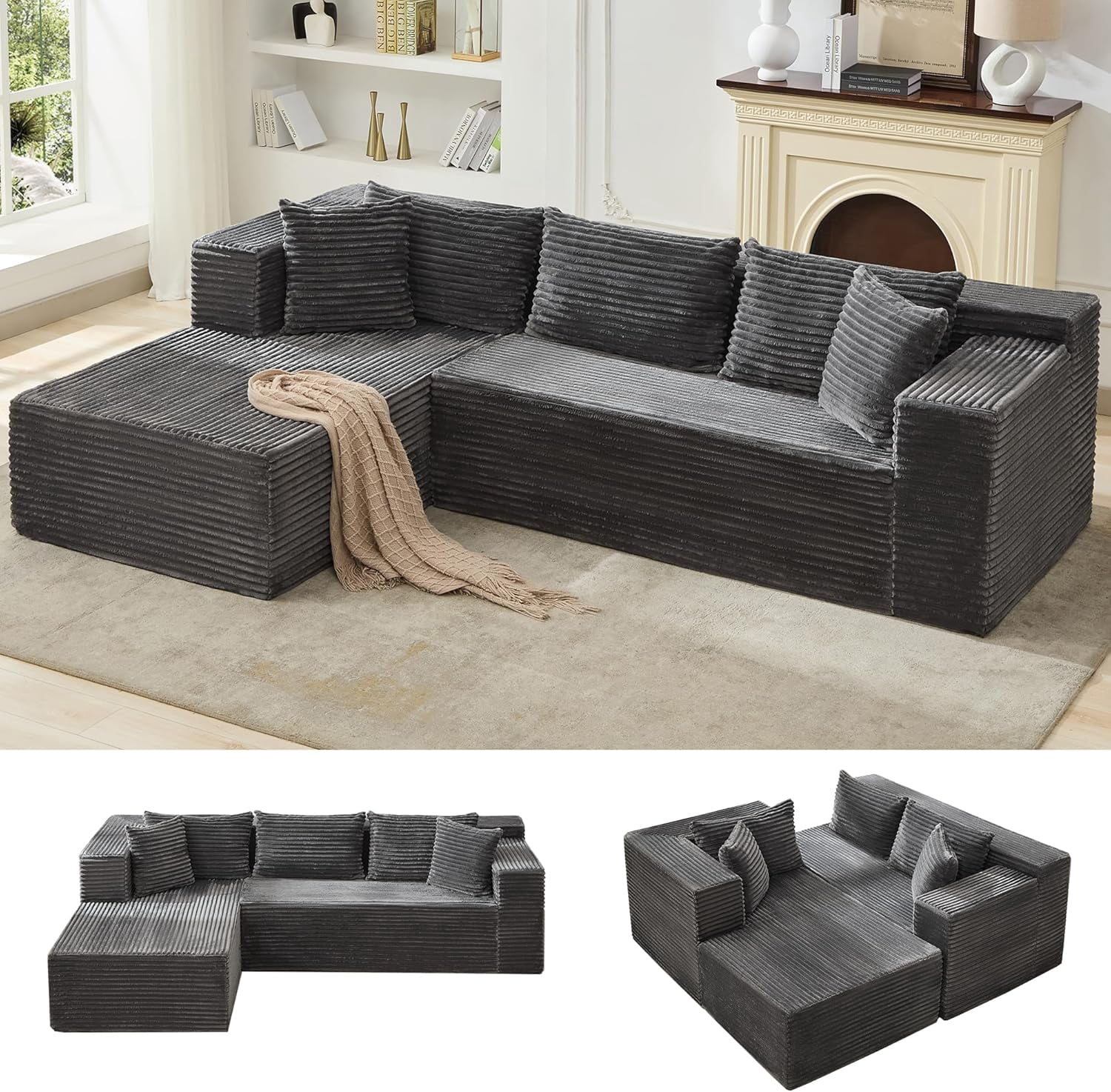 Modular Sectional Sofa Cloud Sectional Couch, 106" Comfy L Shaped Black Couches for Living Room,Oversized Sofa Sleeper with Deep Seat, No Assembly Required
