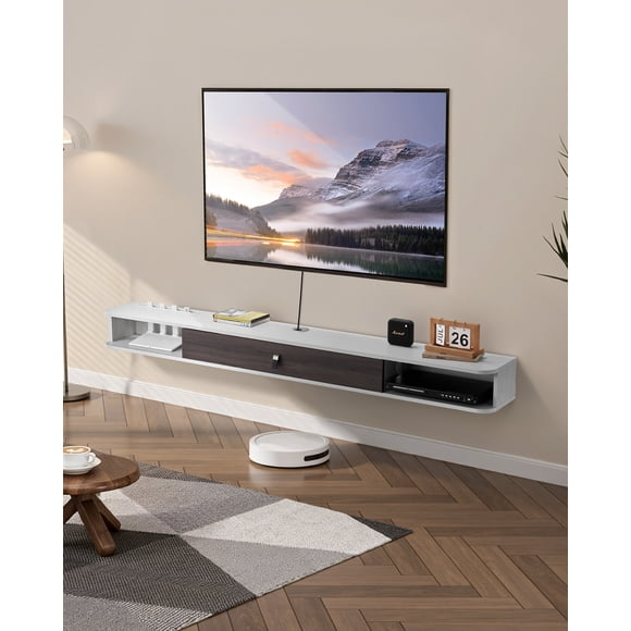 VEVOR Floating TV Stand 70 in Entertainment Center Power with Cable Hole White