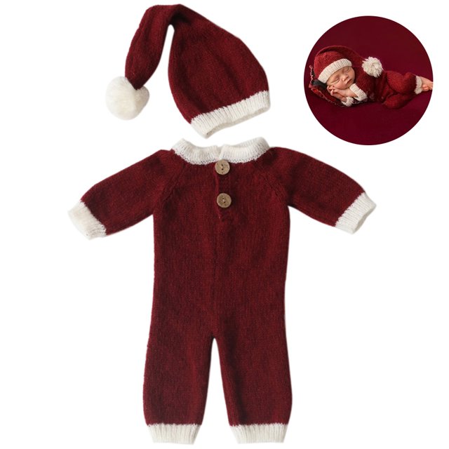 Accessoire Photo Chapeau de Noël Ensemble Combinaison Douce pour Bébé Combinaison Douce Faite à la Main Nouveau-Né Tissu Chapeau de Noël Ensemble Accessoire Photo Combinaison pour Bébé