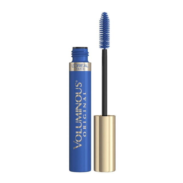 Oréal Paris Voluminous L' Mascara Original en tube Bleu avec Lettrage Doré et Capuchon Doré, Ouvert avec une Baguette Noire Dotée d'Une Brosse à Poils Bleus Qui Épaissit les Cils jusqu'à 5X Leur Épaisseur Naturelle Tout en Résistant aux Grumeaux et Bavures, Convient aux Yeux Sensibles.