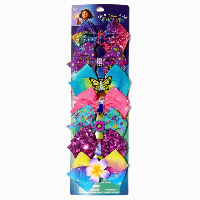 Claire's Girls Disney Encanto Glitter Hair Bow Clips, 7 Pack, featuring vibrant mini bows with glitter accents and charms of Mirabel, Luisa, and Isabela from the Family Madrigal. Includes designs with flowers, butterflies, and sequins. Suitable for ages 3+.