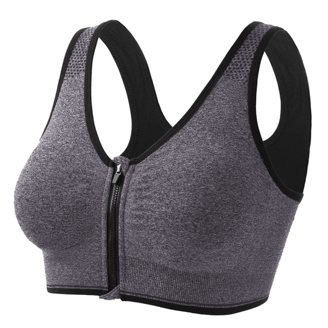 FYEGRE Sports Bras for Women Full Support Front Zip Closure Compression Bras Post Surgery Wireless Racerback Sport Brassiere Grey M