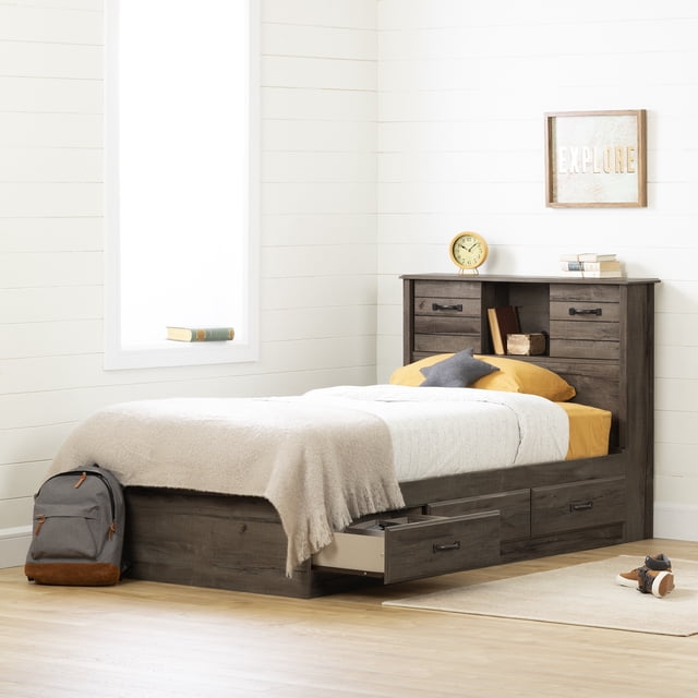 South Shore Ulysses Twin Storage Bed and Bookcase Headboard Set, in Fall Oak