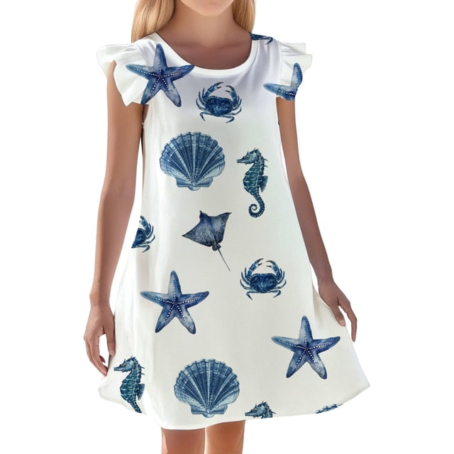 Chemise de Nuit d'Été pour Filles Imprimé Océan Mignon Manches Courtes Décontractée Confortable Robe de Pyjama pour Enfants 3-10 Ans