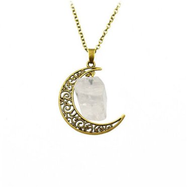 RKSTN Colliers pour Femmes Pendentif en Quartz Naturel Cristal Chakra Guérison Pierre Précieuse Lune Collier Bijou Collier avec Nom Bijoux Personnalisés pour Femmes