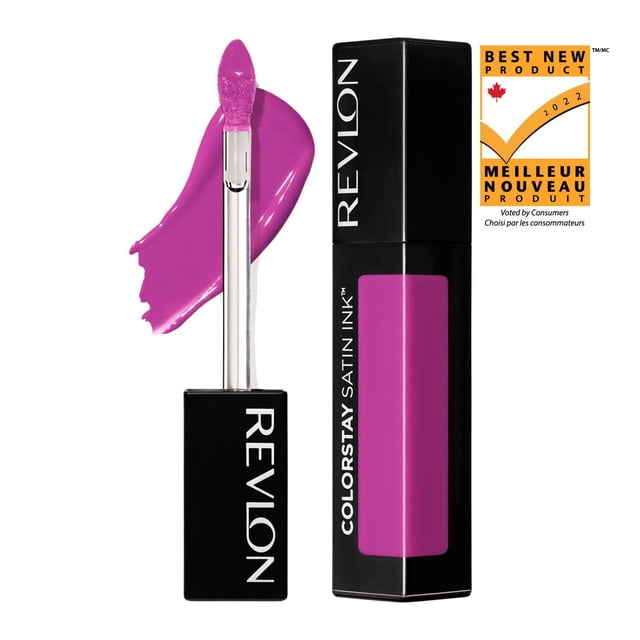 Revlon ColorStay Satin Ink Liquid Lipstick in bright pink satin finish with black rectangular cap and clear tube showing the liquid color, featuring a soft, precise applicator wand coated in lipstick, alongside a 2022 Canadian Best New Product award badge.
