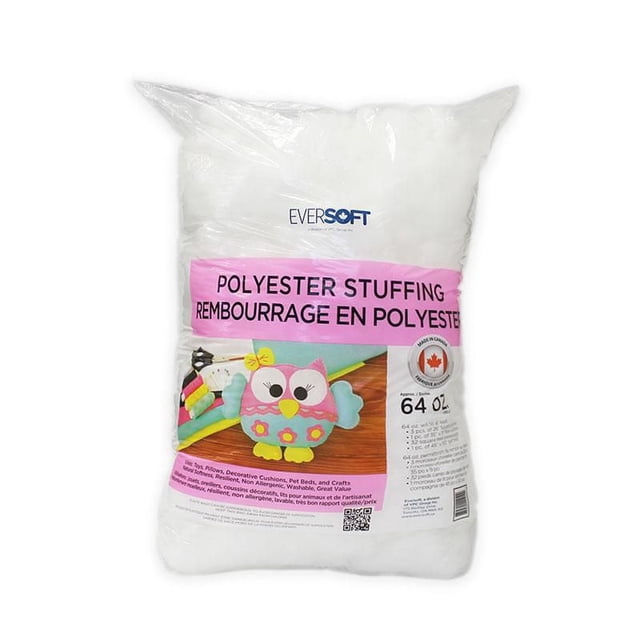 Eversoft Polyester Stuffing - 64 oz bag of white polyester fiberfill for sewing, crafts, and home décor, packaged in clear plastic with a pink label and owl plush toy illustration, ideal for stuffing pillows, pet beds, decorative cushions, and suitable for artificial snow effects.