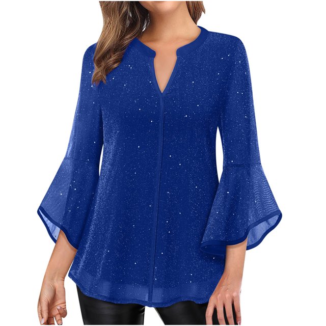 Meichang Womens Ruffle 3/4 Sleeve Notch V Neck Double Layers Mesh Blouses Loose Fit Flowy Tunic Tops Solid Lightweight Work Shirts on Clearance