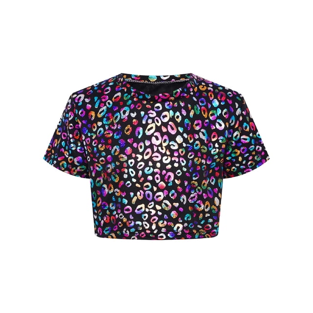 Haitryli T-Shirt Court à Manches Courtes pour Filles, Imprimé Coloré, Métallique Brillant, Col Rond, Costume pour Danse et Spectacle, Noir 150
