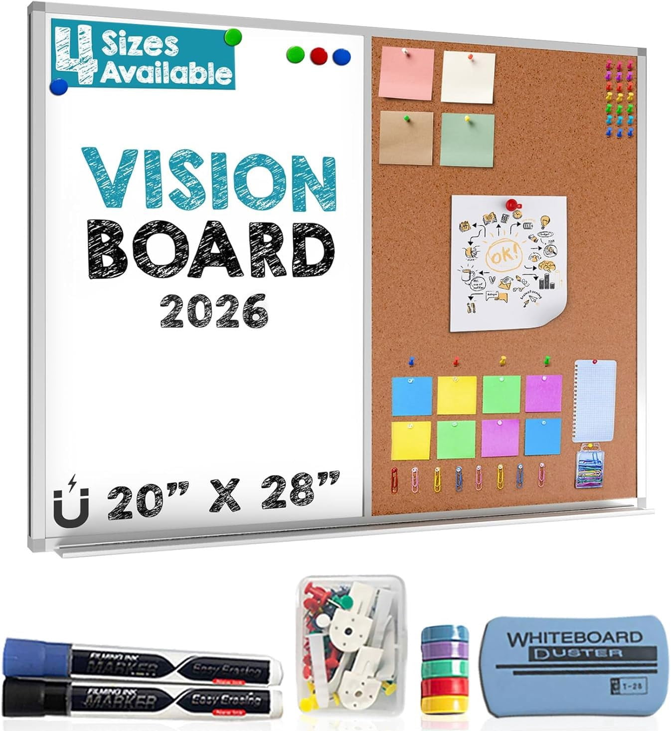 Besso Vision Board 2025: Dry Erase Cork Board Combo Set - 20" x 28" Magnetic White Board and Cork Bulletin Combination Board, Use as Message Board, M