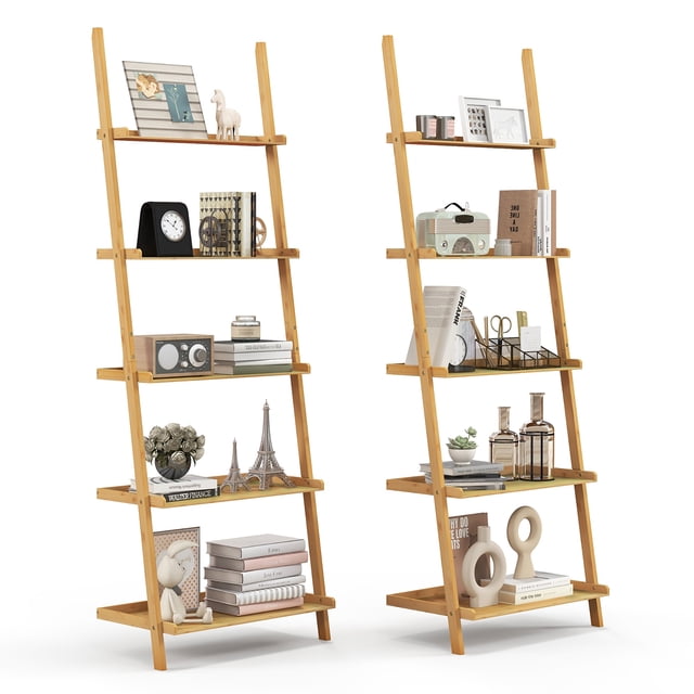Costway 2 Pcs Étagère Échelle en Bambou à 5 Niveaux, Bibliothèque d'Exposition Murale, Support de Rangement