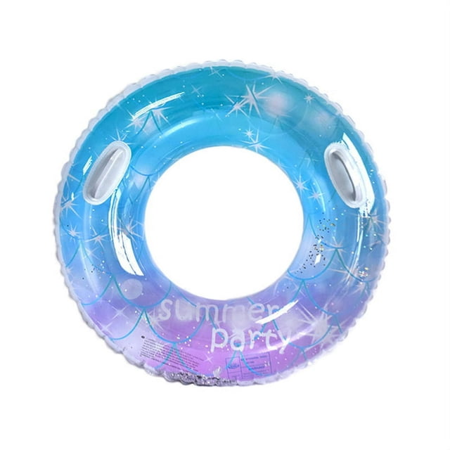 MesaSe Inflatable Pool Floats featuring a vibrant blue and purple gradient design with star patterns and the text 'summer party' printed on the surface. This round pool float includes two white handles for added stability, making it ideal for outdoor swimming pools or beach use.