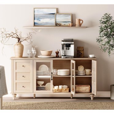 WAMPAT Glass Door Sideboard Cabinet, Wood Buffet Storage Cabinet, Coffee Bar Table, Accent Sideboard for Kitchen, Dining Room or Living Room, Beige