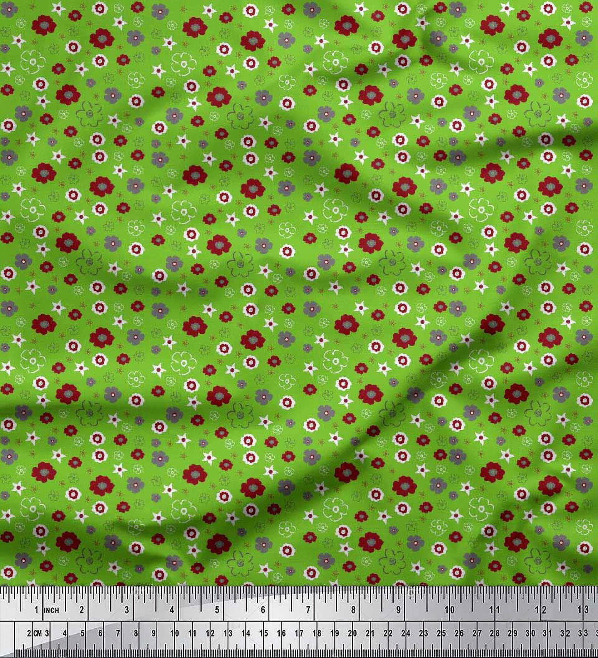 Soimoi Green Silk Fabric Flower Artistic Decor Fabric Printed Yard 42 Inch Wide
