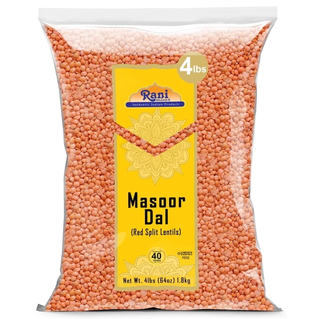Rani Masoor Dal (Lentilles Rouges Indiennes) Gramme Décortiqué, 64oz (4lbs) 1.81kg Emballage. le Sac Présente un devant Transparent Mettant en Valeur les Lentilles Rouges Décortiquées à l'Intérieur, avec une Étiquette Jaune Affichant le logo Rani Brand, le Nom du Produit, et des Détails Tels Que « Casher », « Tout Naturel » et « Végane. » Idéal pour la Cuisine Indienne et Polyvalent dans les Plats Végétariens et Non Végétariens.