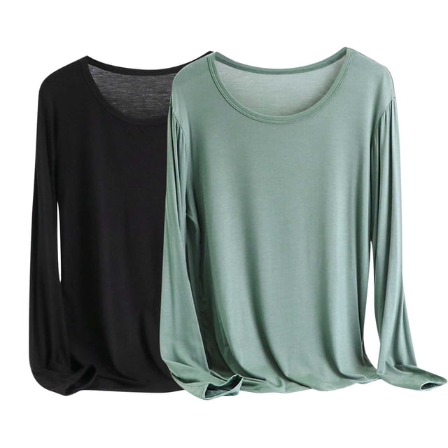 Timegard Plus Size Tops for Women 2pc Round Neck Lightweight Comfy Solid Color Loungewear Long Sleeve Top