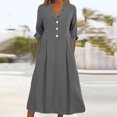 thumbnail image 2 of Pisexur Robes d'Automne pour Femmes Col Rabattu Manches 1/2 Robe Maxi Mode Élégante Couleur Unie Robes de Retour à la Maison Décontractées Fluides Col en V Boutonnée Robe de Cocktail, 2 of 6