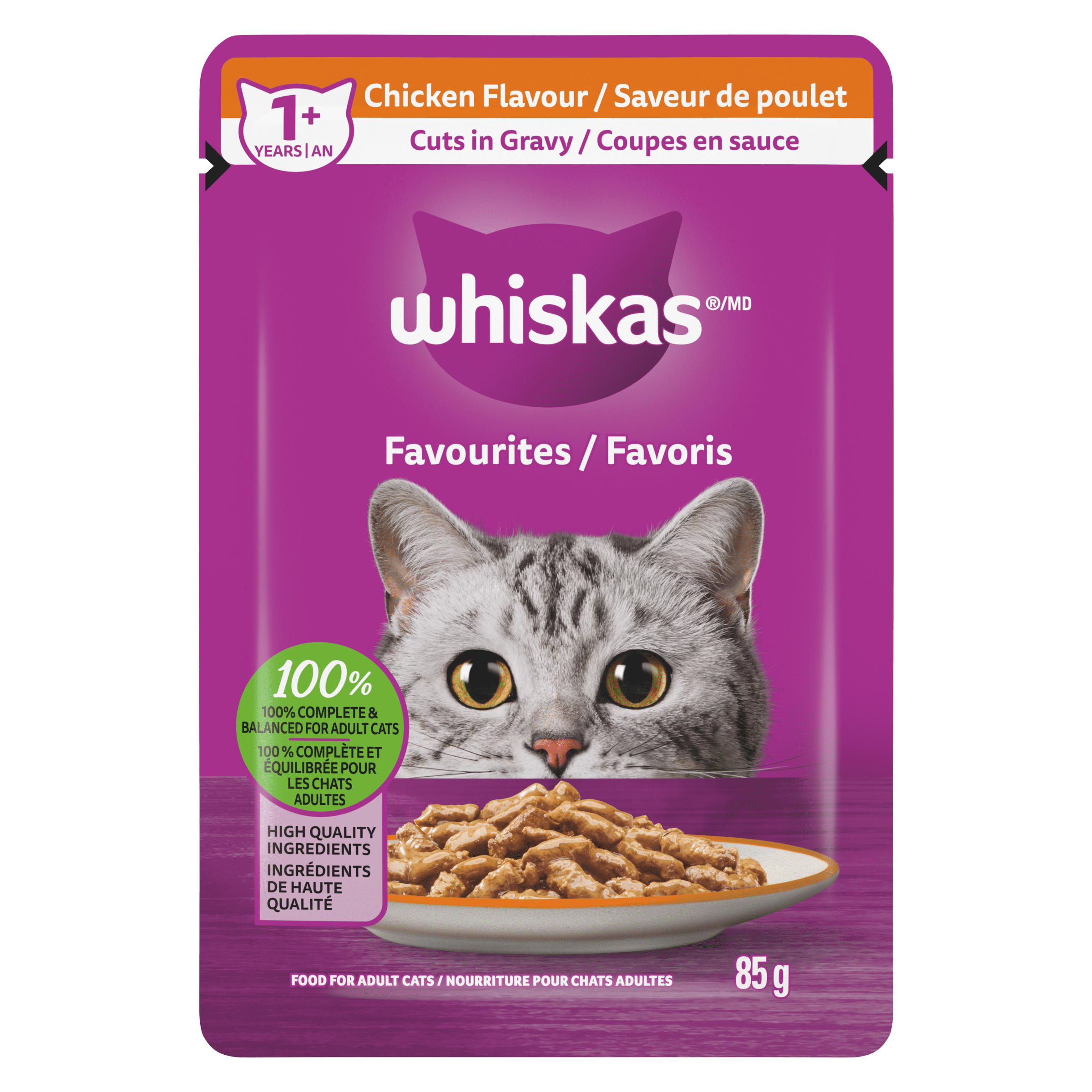 WHISKAS FAVOURITES Adult Wet Cat Food Cuts in Gravy Chicken Flavour 85g Pouch