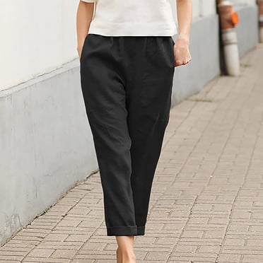 yievot Women's Elastic Waist Casual Pants Solid Color Large Pocket Cotton Linen Straight Pants