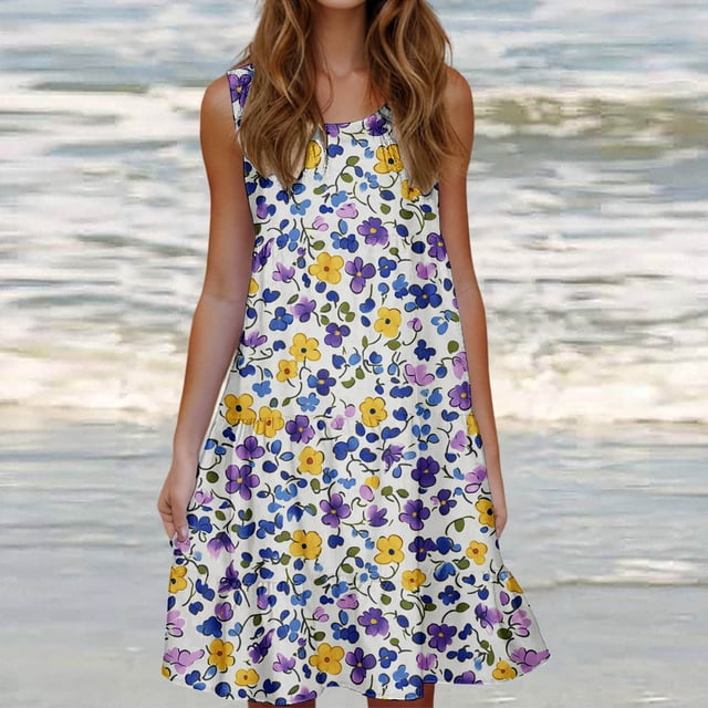 Ovzne Robes pour Femmes Robe d'Été Mode pour Femmes Vacances d'Été Couleur Unie Sans Manches Robe de Fête de Plage Robe Grande Taille Robe Imprimée Liquidation