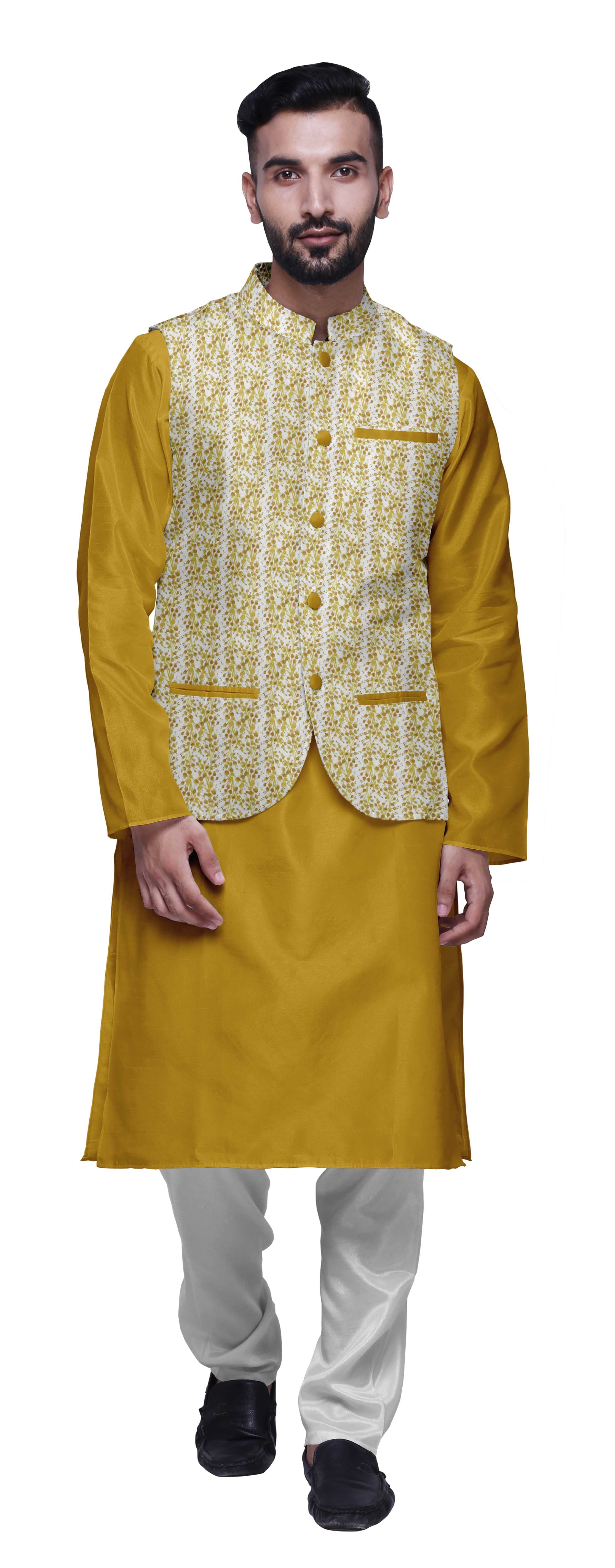 Atasi Ensemble de Pyjama Kurta Churidar Ethnique avec Veste Nehru Imprimée pour Hommes