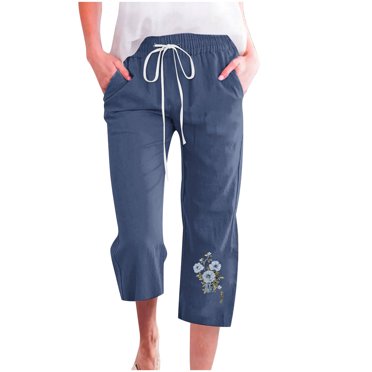 lcziwo Women's Drawstring Linen Capris,Capri Pants for Women Cotton Linen Casual Summer Capri Pants Drawstring Elastic Waist Straight Leg Pants Todays Daily Deals Clearance Navy