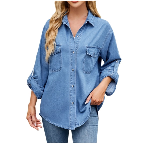 Light Royal Blue Tshirts for Women Fall Summer Denim Loose Fit Casual Adjustable Cowgirl Tee Shirt Tops Womens 2025 Clothes Fashion Country Concert Y2K L