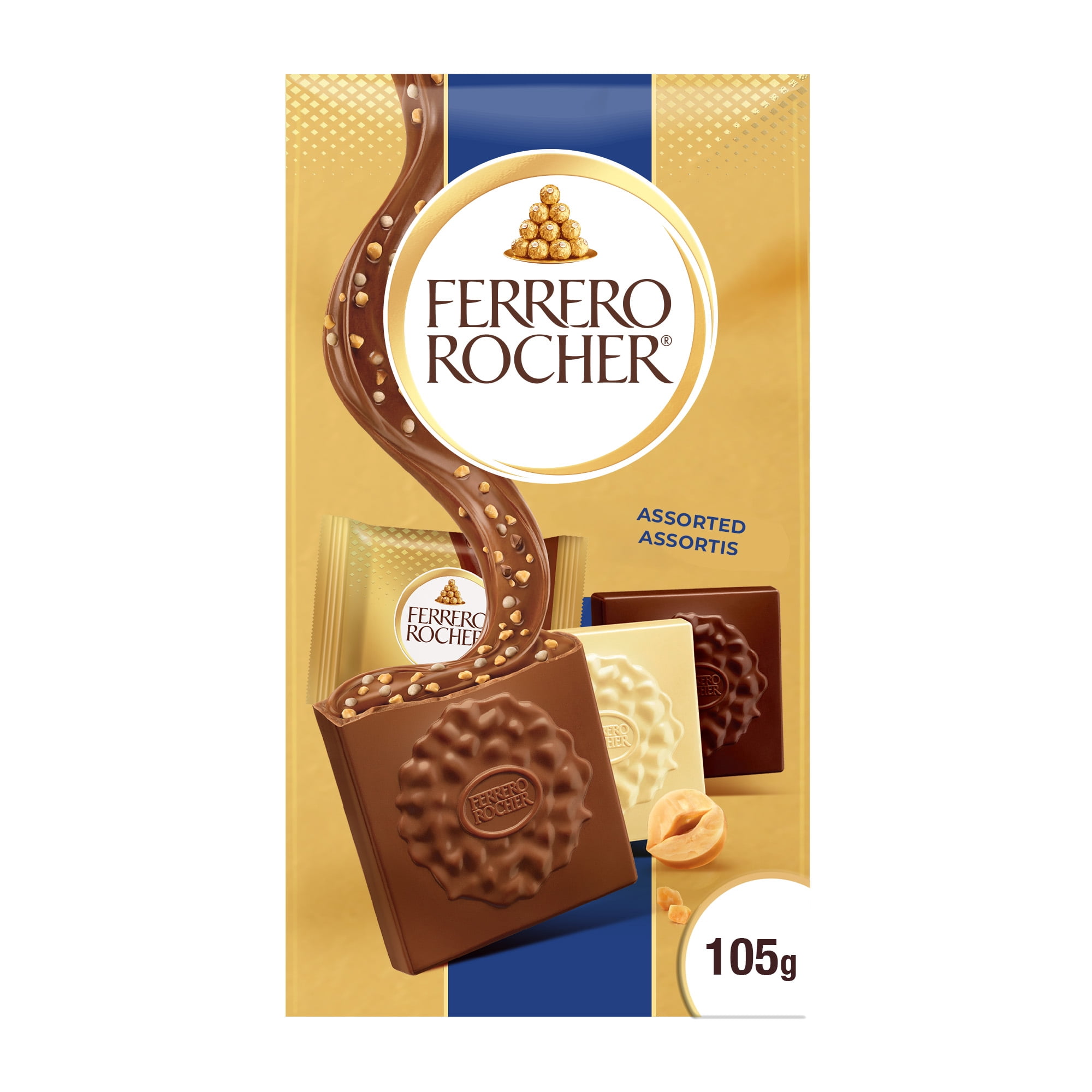 Carrés de chocolat haut de gamme FERRERO ROCHER Assortis avec noisettes, 10 carrés de chocolat emballés individuellement, parfaits à offrir ou à partager, 105 g