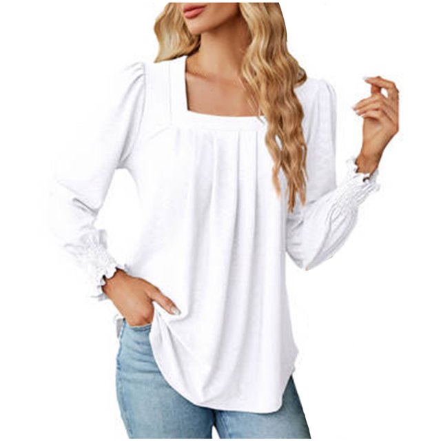Besolor Hauts à Encolure Carrée pour Femmes, Blouse à Manches Longues Bouffantes de Printemps, Chic Décontracté, Tunique Ample Plissée à l'Avant, Chemise d'Automne pour 2024, Blanc