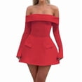 thumbnail image 1 of Robe Mini pour Femmes à Épaules Dénudées à Manches Longues Robe Trapèze Courte Robes Formelles Tenue de Fête Boîte de Nuit Rouge m, 1 of 7