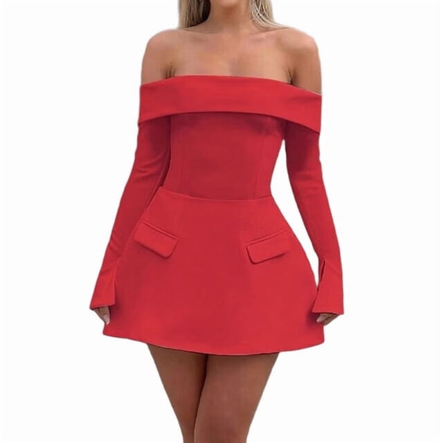 Robe Mini pour Femmes à Épaules Dénudées à Manches Longues Robe Trapèze Courte Robes Formelles Tenue de Fête Boîte de Nuit Rouge m