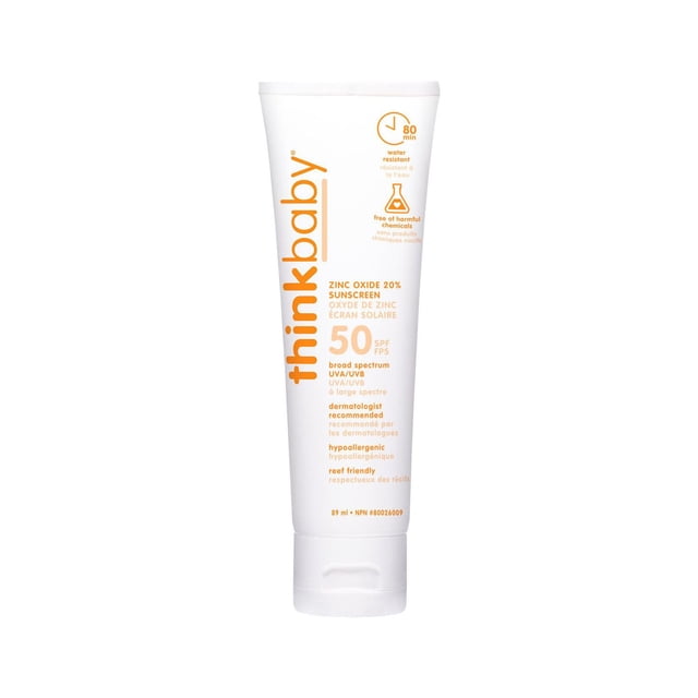 Thinkbaby Écran Solaire Sécuritaire Fps 50+, tube Blanc de 3 Oz avec Texte orange, avec Écran Solaire Minéral à 20 % d'Oxyde de zinc, protection à Grand Spectre Uv/uvb, Résistant à l'Eau pendant 80 minutes, Formule Hypoallergénique et Compatible avec les Récifs, Idéale pour Peau Sensible.