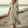 thumbnail image 2 of UPPADA Robe d'Été pour Femme Grande Taille en Coton et Lin, Robe Maxi Fluide à Manches Courtes, Robe Décontractée Style Sundress à Col en V, Taille Portefeuille, Robes Fluides de Plage, Robe d'Été Grande Taille Kaki, P, 2 of 6