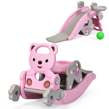 Costway Ensemble de Glissade Cheval à Bascule pour Bébé 4-en-1 Jouets Balançoire pour Enfants avec Anneau et Embout de Basketball