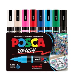 Uni® POSCA PC-5BR Marqueurs de peinture à base d'eau, pointe de brosse réversible (1,0-4,0mm), couleurs assorties, paquet de 8