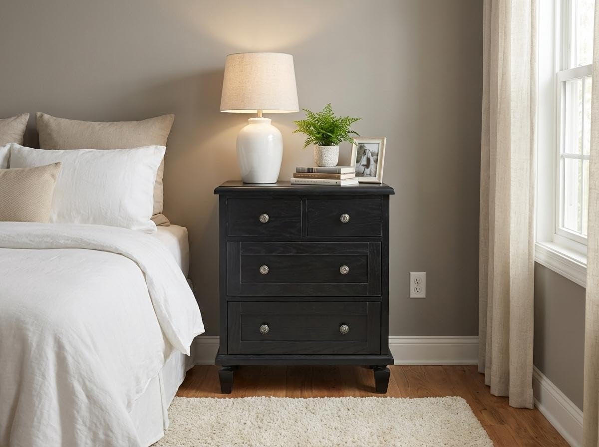 Vintage 4 Drawer Dresser for Bedroom, Wood Dresser with Tapered Legs Support, Dressers & Chests of Drawers for Living Room, Black
