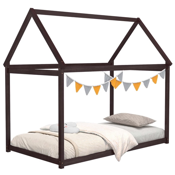 Costway Twin House Bed Wood Frame with Roof for Kids Toddler No Box Spring Brown