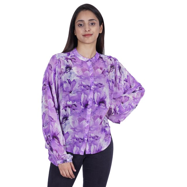 Moomaya Chemise Boutonnée Imprimée pour Femme Col Mandarin Manches Longues Haut d'Été