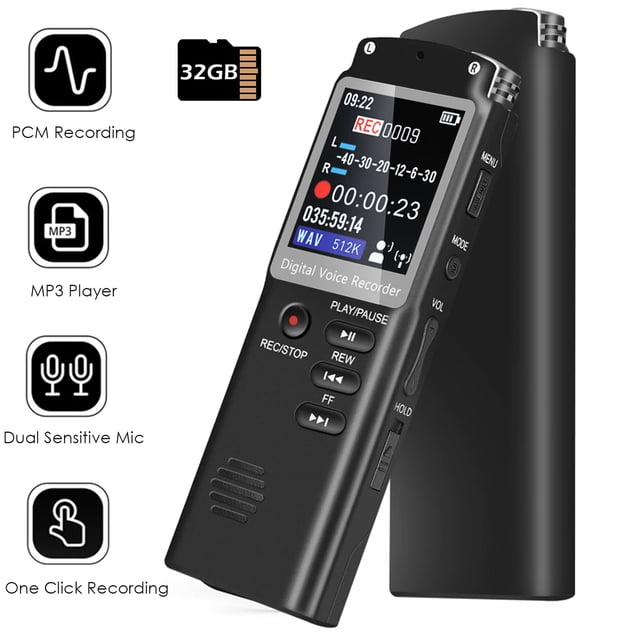 RONY Mini Enregistreur Vocal Numérique avec Répétition A-B, Doté d'Un design compact Noir avec un Écran LCD Affichant les Détails d'Enregistrement. l'Appareil Comprend des Boutons pour Lecture, pause, Rembobinage, Avance Rapide et un Bouton d'Enregistrement Rapide. Il Prend en Charge une Mémoire de 32 Go, l'Enregistrement Activé par la Voix, la Réduction du Bruit et la Lecture de MP3. Idéal pour les Réunions, les Cours, les Entrevues et les concerts Musicaux.