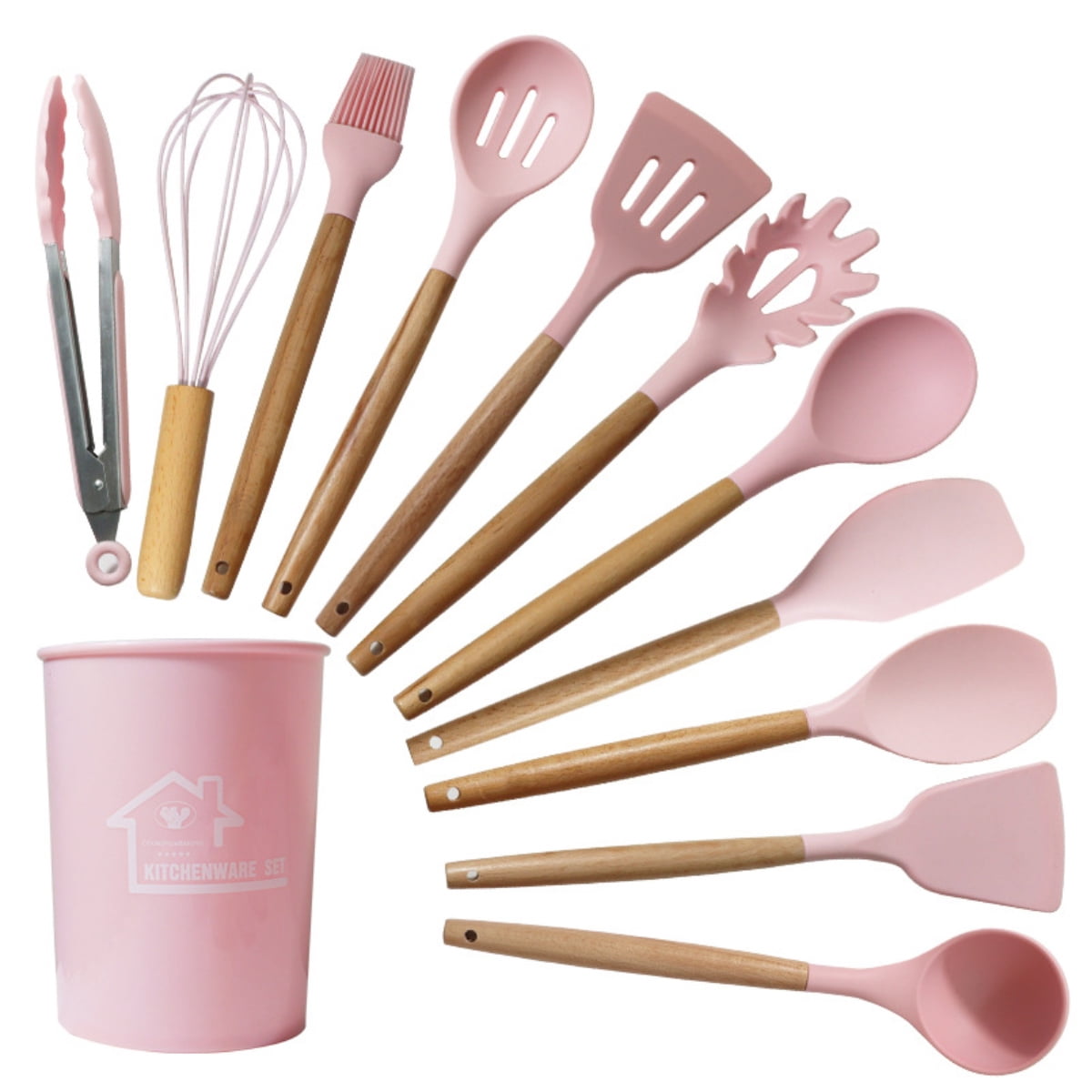 Silicone Cookware Set - high temperature resistant silicone cookware, wooden handle and stand, non-stick cookware