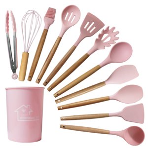 Ensemble de cuisine en silicone - Articles de cuisine en silicone résistant à haute température, poignée et support en bois, articles de cuisine antiadhésif