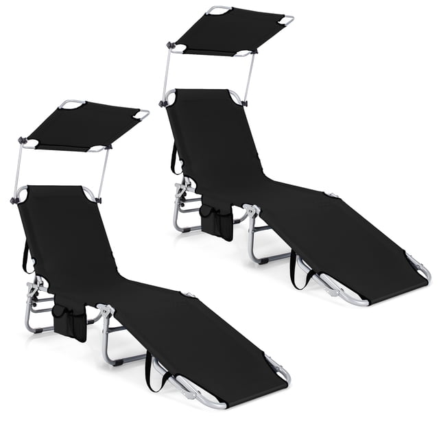 Gymax Ensemble de 2 Chaises Longues Pliables Inclinables d'Extérieur pour Plage et Patio avec Pare-Soleil. Conçues avec un Tissu Oxford Noir, un Cadre durable en Aluminium et en Acier, un Dossier et un Repose-Pieds Réglables, et un Pare-Soleil Amovible à 360 Degrés. Comprend des Poches Latérales pour les Petits Articles et Se Replie de Façon Compacte pour le Rangement, Idéal pour les Meubles de Patio Ou les Chaises Longues d'Extérieur.