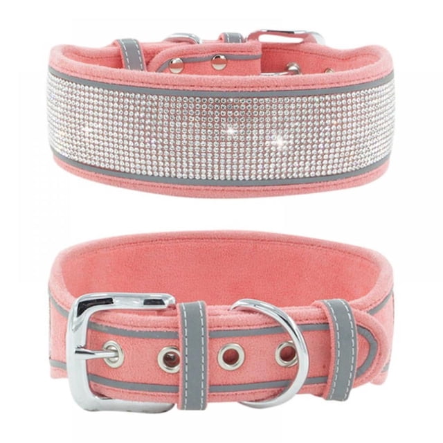 Pet Reflective Rhinestone Suede Dog Collar for Medium and Large Dogs Navy Blue