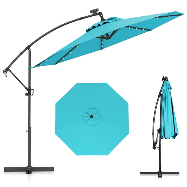 Gymax 10Ft Offset Hanging Umbrella Patio Outdoor w/ 32 Solar LED Lights Turquoise