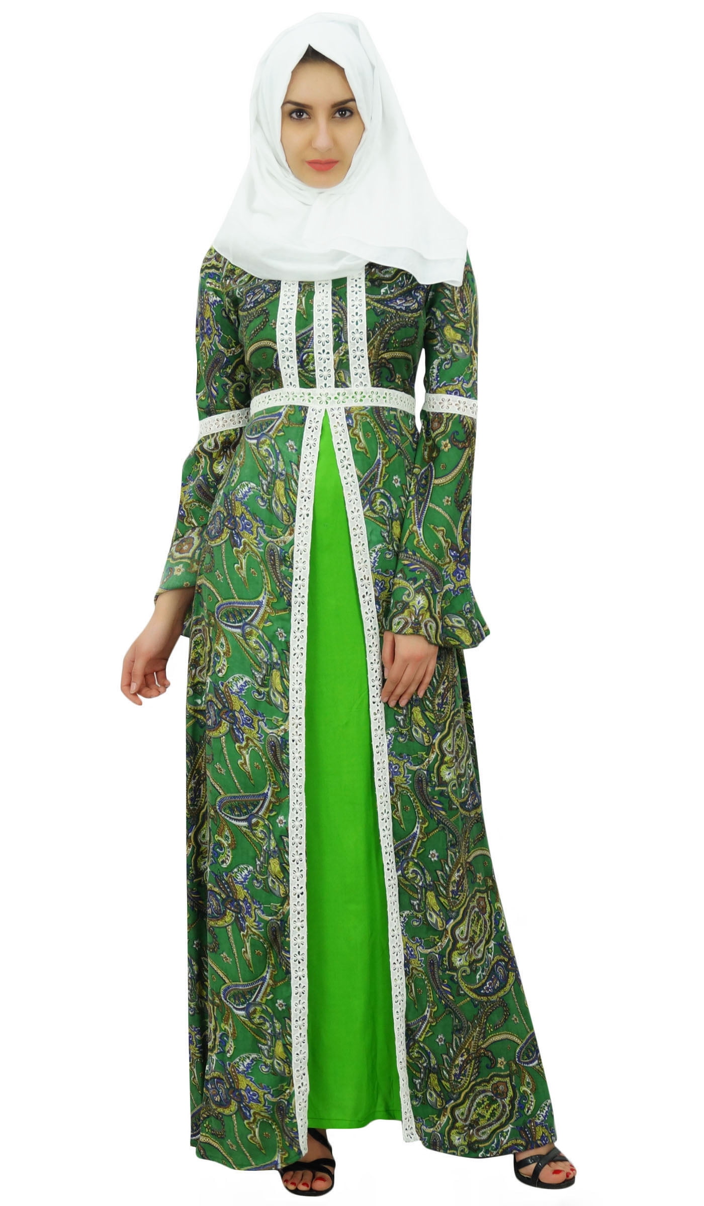 Bimba Robe Abaya Kimono Maxi en Rayonne en Dentelle pour Femmes Musulmanes Jilbab avec Hijab