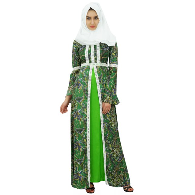 Bimba Robe Abaya Kimono Maxi en Rayonne en Dentelle pour Femmes Musulmanes Jilbab avec Hijab