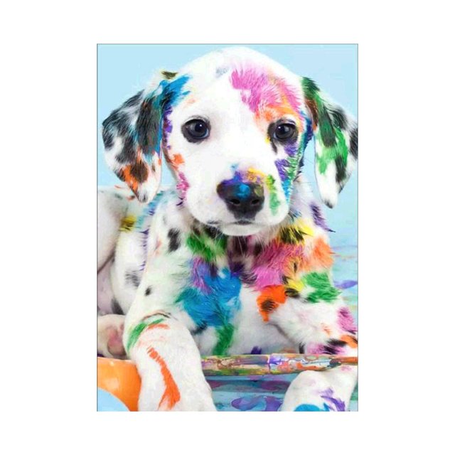 Amdohai DIY 5D Kit Cute Animal Pattern Full Drill Acrylic Rhinestone Painting Craft Home Wall Decoration Gift Frameless. The image features a Dalmatian puppy with vibrant multicoloured paint splashes on its fur, set against a light blue background. This kit includes a high-definition canvas, acrylic rhinestones, and tools like a pen, tray, and glue for creating a vivid 5D effect. Ideal for home decoration or as a unique gift.