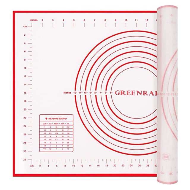 Large silicone pastry mat in red with extra thick non-stick surface, featuring measurement guides for precise baking. Made of food-grade silicone and glass fiber, it measures 70x50 cm and includes anti-slip backing for stability. Suitable for rolling dough, making pastries, and oven use.